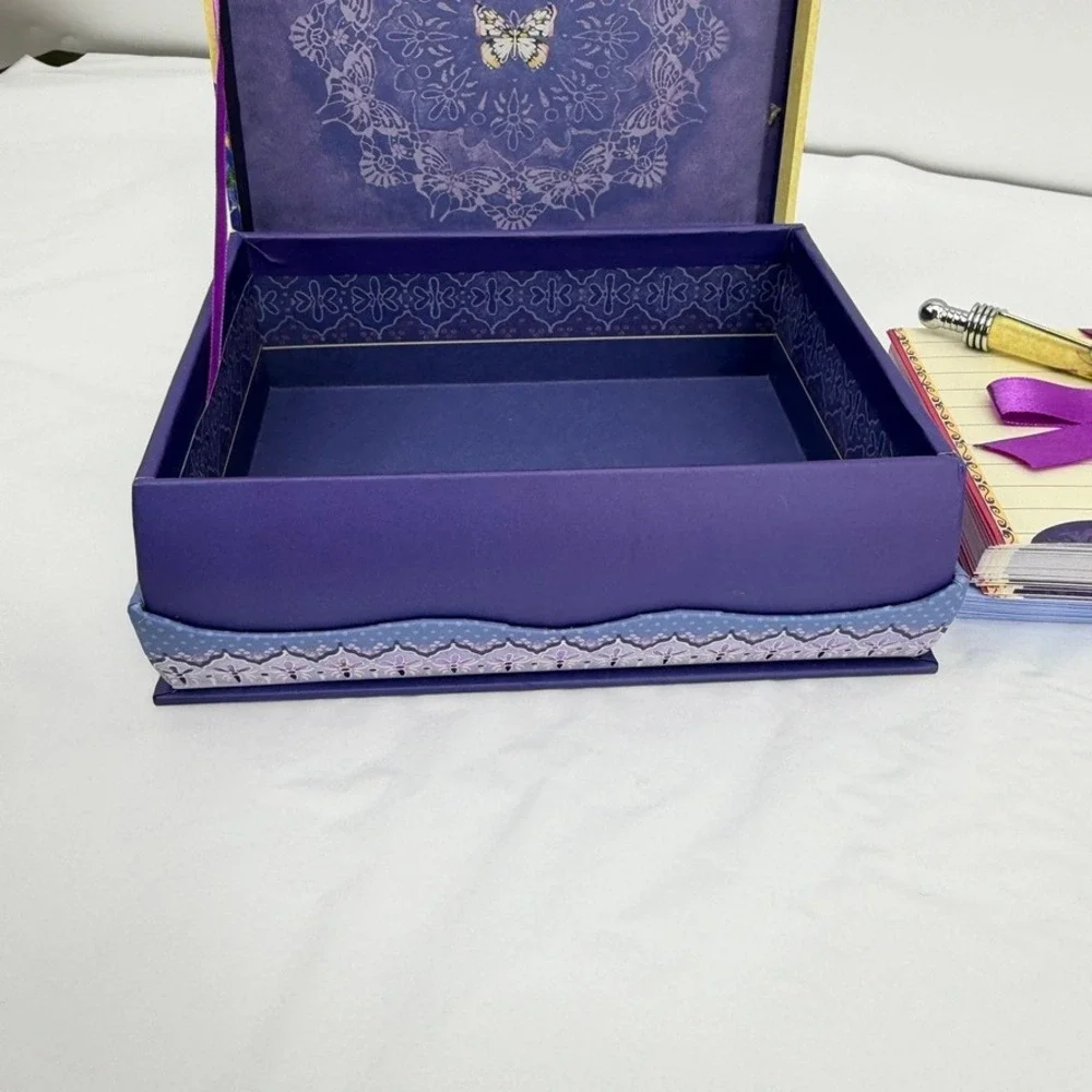 Pictura Stationery Set Butterfly Floral Purple Blue Keepsake Box w/ Pen NEW
